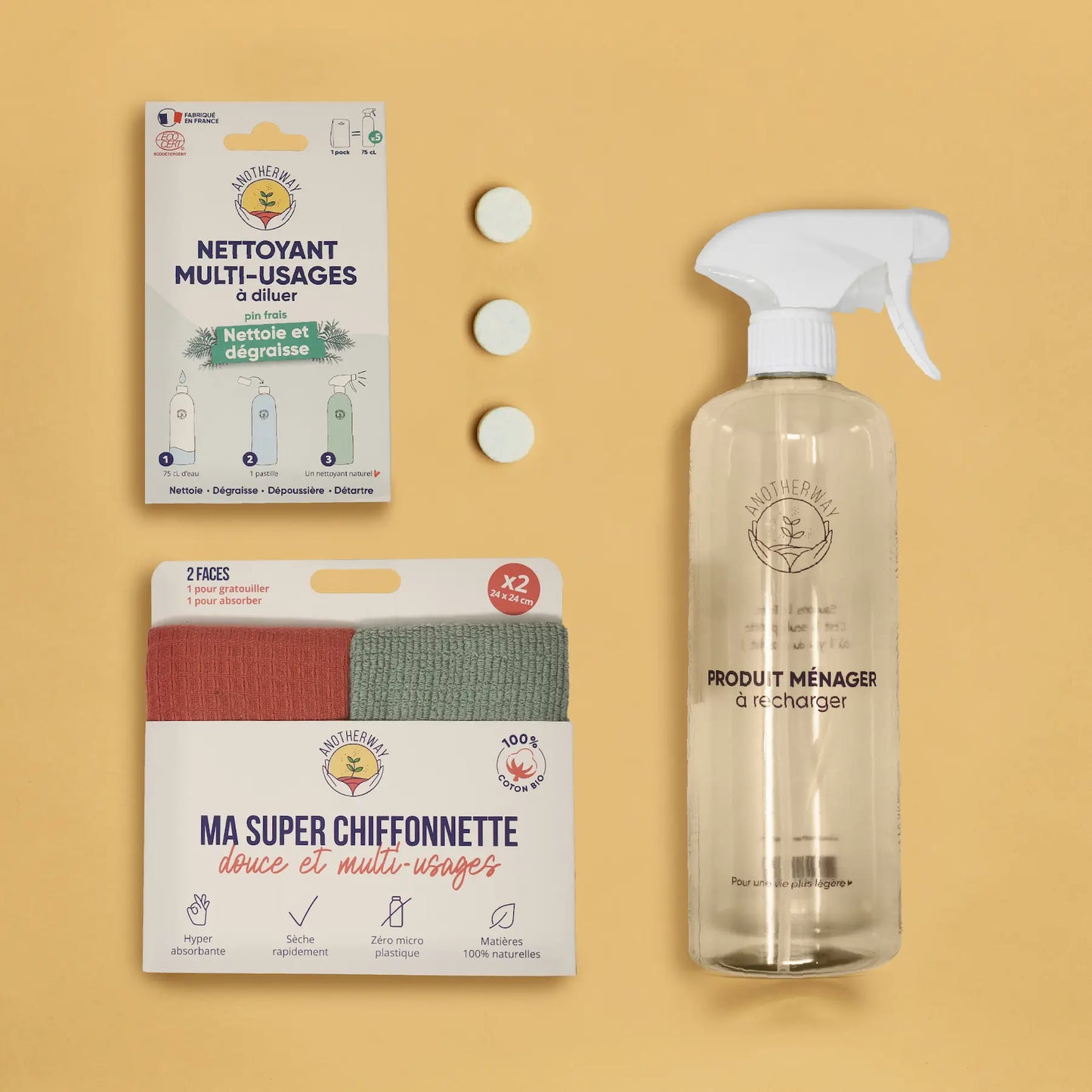 produits ménagers écologiques bouteille spray multi-usage chiffonnettes essuie-tout Anotherway
